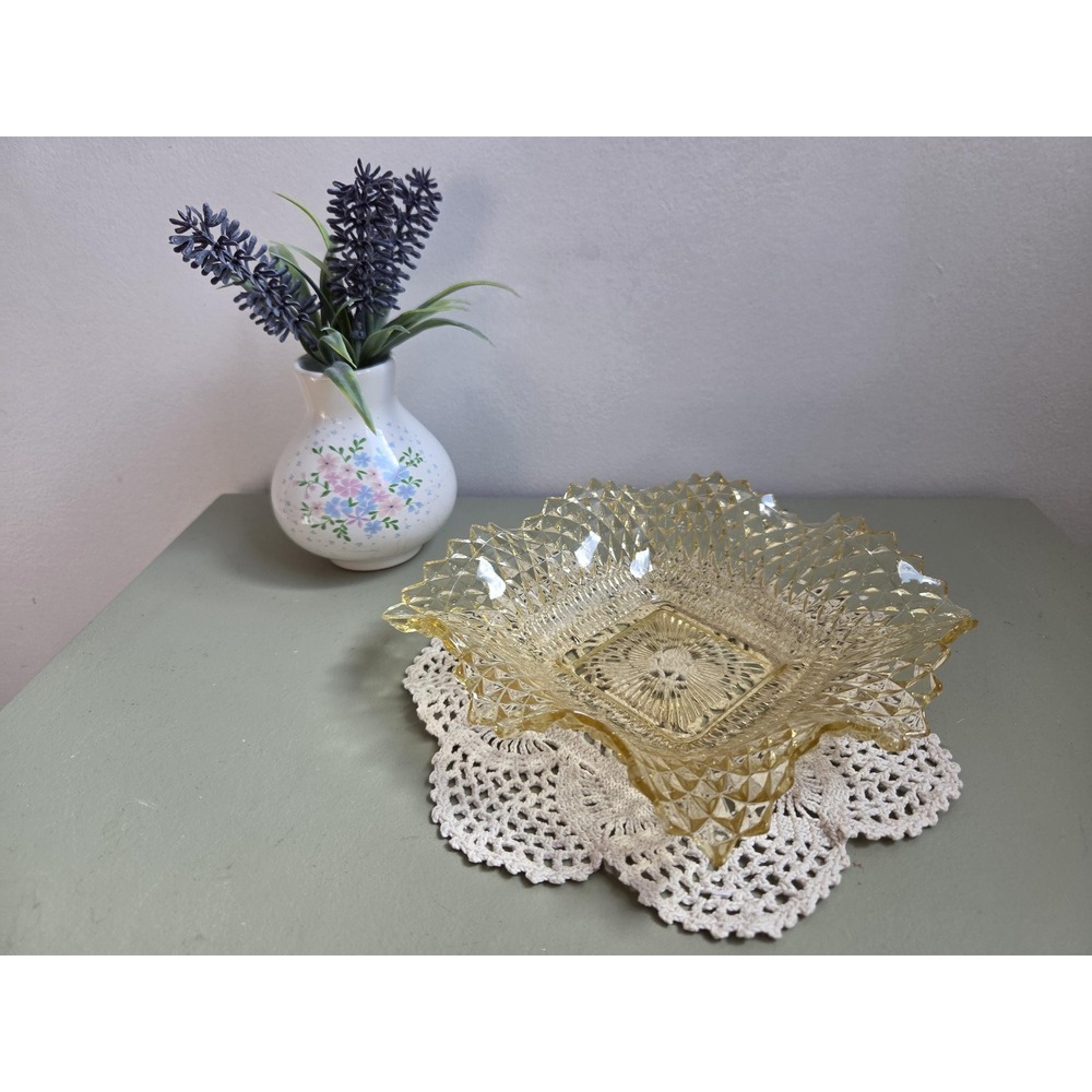 Vintage Yellow Diamond Point Pressed Glass Square Bowl Ruffled Edge